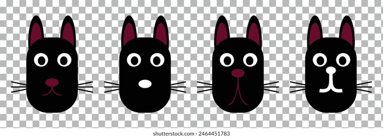 Set of black cats looking out the window. Collection of cartoon cats peeking out the window. Funny peeking pets. Vector illustration on white background. Tattoo. Eps10.