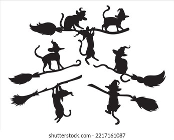 Set of black cats on broomstick. Collection of kitten rides the broom magic. Tattoo. Halloween pet. Vector illustration on white background.