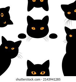 A set of black cats peeking out from the corner. Collection of cat faces that are spying on you