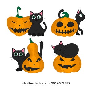 Set of black cats with pumpkin isolated on a white background. Set of objects  for Halloween. Vector flat illustration. Holiday symbols. 