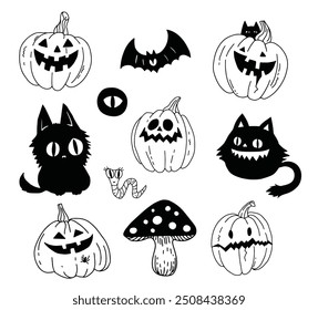 A set of black cats, pumpkins, fly agarics in a sketch style. Halloween, decorative elements, stickers. Vector black and white set on a white background.