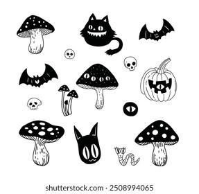 Set of black cats, pumpkins, fly agarics in a sketch style. Halloween, decorative elements, stickers. Vector black and white set on a white background.