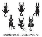 Set of black cats scratching the wall. Collection of silhouettes of funny kitten climbing the wall. Set of peeking cat. Vector illustration of a pet for kids. Tattoo.