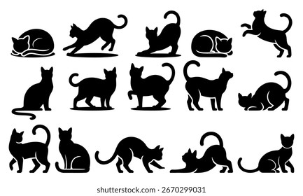 Conjunto de siluetas de gatos negros aislados sobre fondo blanco. Ilustración vectorial.