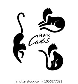 Set of Black Cats Sitting and Looking Away, Lying and Walking. Vector Logo with Negative Space. Laconic Symbol for Icons, Logos, Badges and Emblems. Friday 13th Sign