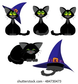 Set of black cats in various poses. A cat in a lilac hat witch. The cat is sleeping. Cartoon Halloween.