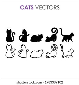 Set of black cats vector illustration. Monochrome outline playing pet vectors.
