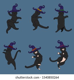 Set of black cats in witch hats