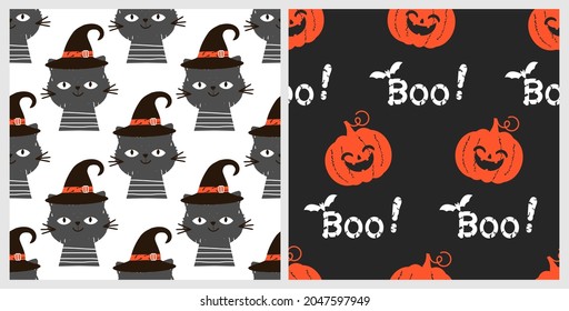 Set of black cats, witch hats, Halloween pumpkins and hand written font on black and white background vector illustration. Cute cartoon character for childish print.  