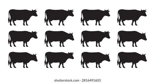 Set of black cattle silhouettes. Farm animal icons. Agriculture industry graphics. Livestock collection.
