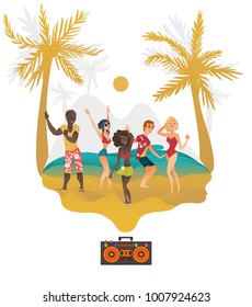 Set of black and Caucasian people dancing at beach party, boombox and tropical island, flat cartoon vector illustration isolated on white background. Young people, men and women dancing at beach party