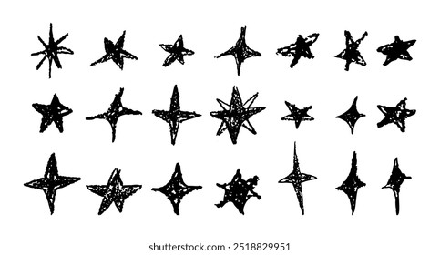 Set of black chalk drawing stars. Shine or sparkle doodle collection. Children style wax pencil handdrawing elements of night sky. Crayon scratch grunge texture star shapes. Vector illustration