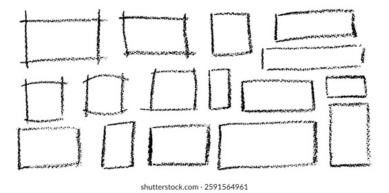 Set of black chalk hand drawn frames. Collection of writing on blackboard by children rectangular and square geometric shapes. Vector black doodle style outline text boxes with grunge texture