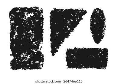 Set of black chalk texture. Hand drawn charcoal geometric figures on white background.