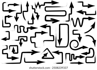 Set of black, charcoal arrows. Directional signs made from brush strokes. Sketch. Hand drawn signs. Vector illustration. Collection of arrows of different shapes, zigzag, round, curved, curls.