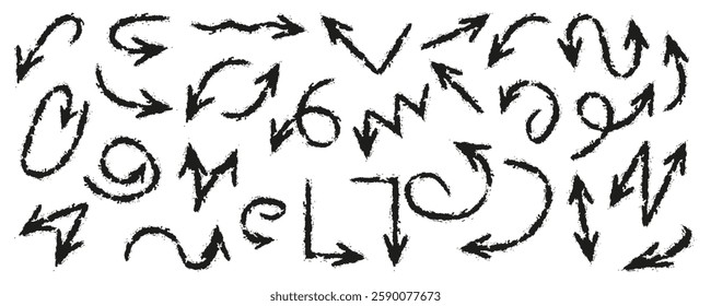 Set of black charcoal arrows. Doodle arrow icons