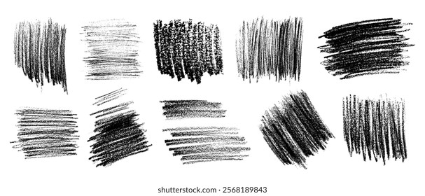 Set of black charcoal and pencil hatchings on rough textured granulated white paper. Vector illustration of brushes, textured spots, hand drawn in sweeping handwriting of varying density.