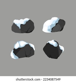 A set of black charcoal of various shapes and snow.Collection of pieces of coal, graphite, basalt and anthracite. The concept of mining and ore in a mine.Rock fragments,boulders and building material.