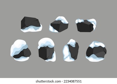 A set of black charcoal of various shapes and snow.Collection of pieces of coal, graphite, basalt and anthracite. The concept of mining and ore in a mine.Rock fragments,boulders and building material.