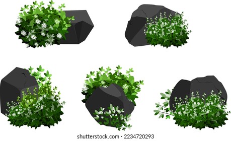 A set of black charcoal of various shapes and plants.Collection of pieces of coal, graphite, basalt and anthracite. The concept of mining and ore in a mine.Rock fragments and boulders.