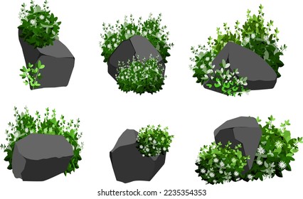 A set of black charcoal of various shapes and plants.Collection of pieces of coal, graphite, basalt and anthracite. The concept of mining and ore in a mine.Rock fragments and boulders.