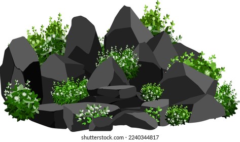 A set of black charcoal of various shapes and plants.Collection of pieces of coal, graphite, basalt and anthracite. The concept of mining and ore in a mine.Rock fragments,boulders.