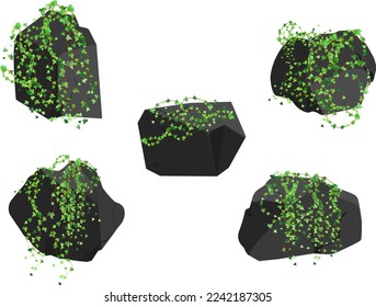 A set of black charcoal of various shapes and plants.Collection of pieces of coal, graphite, basalt and anthracite. The concept of mining and ore in a mine.Rock fragments,boulders.