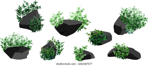 Eine Reihe von schwarzen Kohle verschiedener Formen und Pflanzen.Sammlung von Kohle-, Grafit-, Basalt- und Anthrazit-Stücken. Das Konzept des Bergbaus und Erzes in einer Mine.Felsfragmente, Felsbrocken.