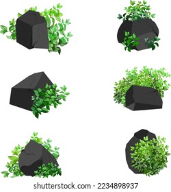 A set of black charcoal of various shapesand bushes.Collection of pieces of coal, graphite, basalt and anthracite. The concept of mining and ore in a mine.Rock fragments and boulders.
