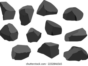 A set of black charcoal of various shapes.Collection of pieces of coal, graphite, basalt and anthracite. The concept of mining and ore in a mine.Rock fragments,boulders and building material.