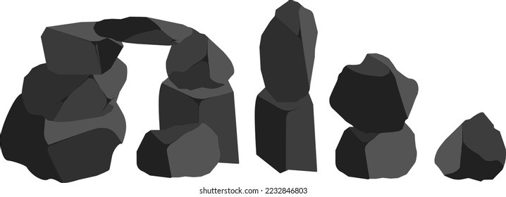 A set of black charcoal of various shapes.Collection of pieces of coal, graphite, basalt and anthracite. The concept of mining and ore in a mine.Rock fragments,boulders and building material.