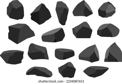 A set of black charcoal of various shapes.Collection of pieces of coal, graphite, basalt and anthracite. The concept of mining and ore in a mine.Rock fragments,boulders and building material.