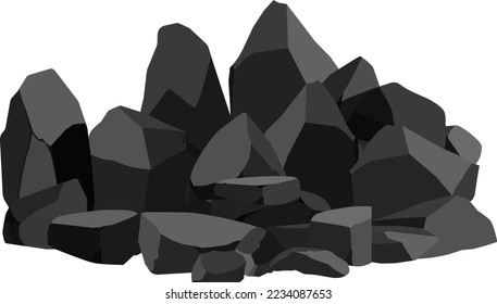 A set of black charcoal of various shapes.Collection of pieces of coal, graphite, basalt and anthracite. The concept of mining and ore in a mine.Rock fragments,boulders and building material.