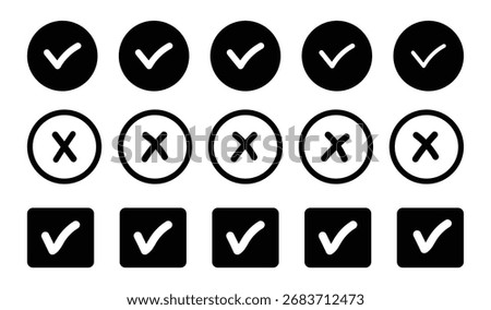 Set of black check and cross mark. Circle and square tick mark and cross. Yes or no icon. Vector Illustration 