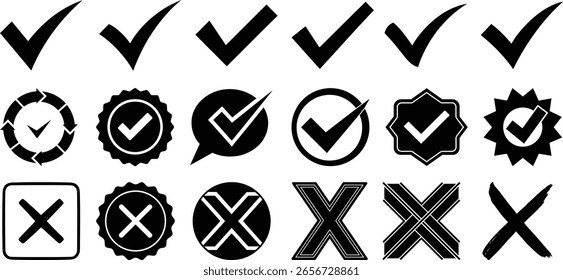 Conjunto de marcas de verificación negras e iconos cruzados en varios estilos. Esta Imagen presenta marca de verificación, cruz, ícono, símbolo, gráfico.