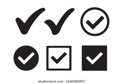 Set of Black Check Mark Icons – Tick Symbols Collection for Approval, Confirm, and Success. Vector illustration