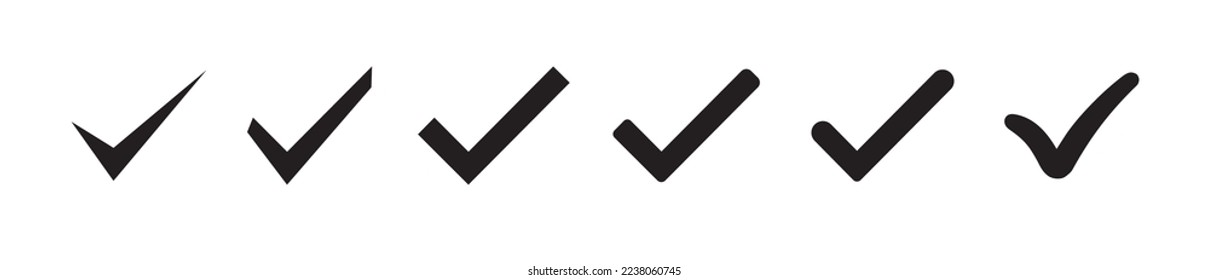 Set of black check mark isolated vector icons. Vote symbol tick. Approved icon. Check mark icon set. Tick checkmark check list button icon. Flat icons.