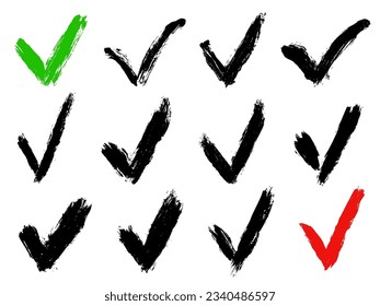 Set of black check mark isolated on white background. Choice symbol. Ink brush strokes.  Watercolor icon design. Vector illustration, eps 10.