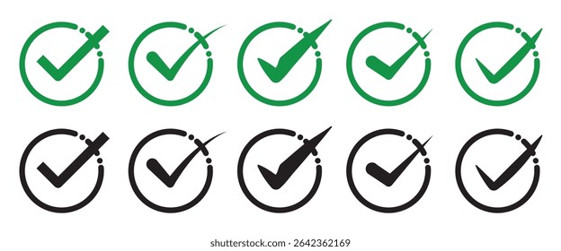 Set of black check marks in circular frames. Ideal for approval, confirmation, or validation icons in web and app interfaces.