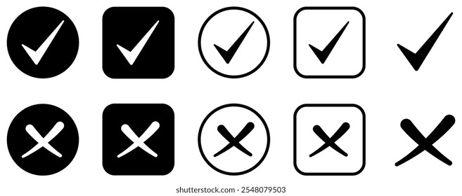 Conjunto de marcas de verificación negras y marca cruzada. Icono de casilla de verificación con iconos de marca de verificación sí o no. Círculo y cuadrado. Ilustración vectorial