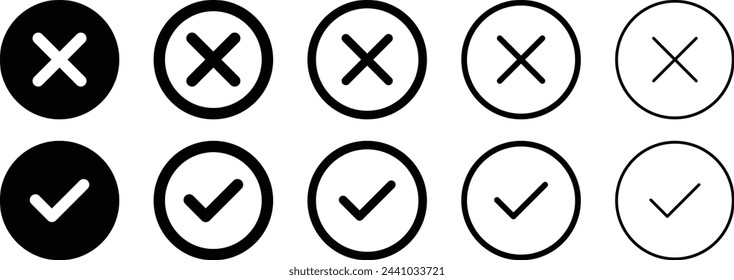 Set of black check marks and crosses icon collection. Vector Illustration.