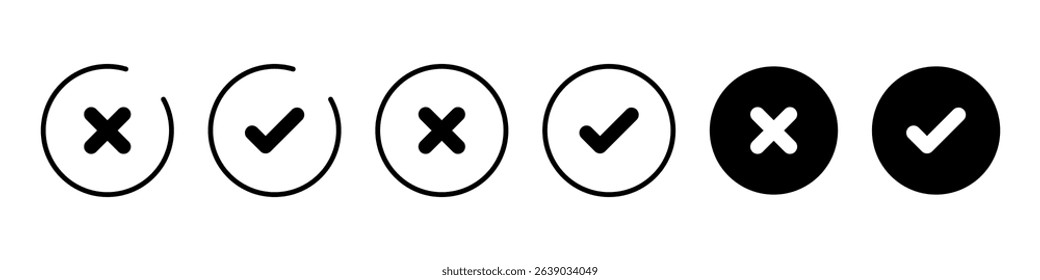 Set of black check marks and crosses icon collection. Vector Illustration.