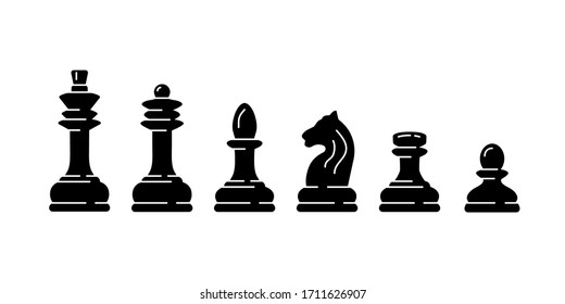 Set of black chess piece icons isolated on white background. Board game. Black silhouettes. Vector illustration.