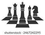 Set of black chess pieces with black chessboard pattern