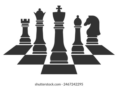 Set of black chess pieces with black chessboard pattern