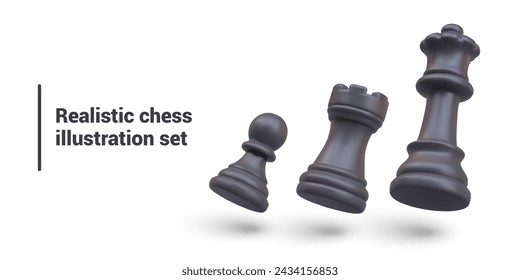 Set of black chess pieces on white background. 3D pawn, rook, queen