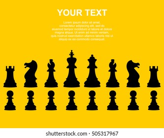 Set of black chess pieces and text on yellow background. Vector illustration. Vector icons.