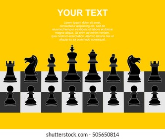 Set of black chess pieces and text on yellow background. Vector illustration. Vector icons.