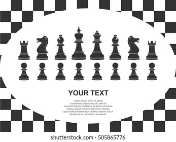 Set of black chess pieces and text on white background with chessboard. Vector illustration. Vector icons.