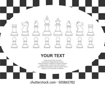 Set of black chess pieces and text on white background with chessboard. Vector illustration. Vector icons. Line design.